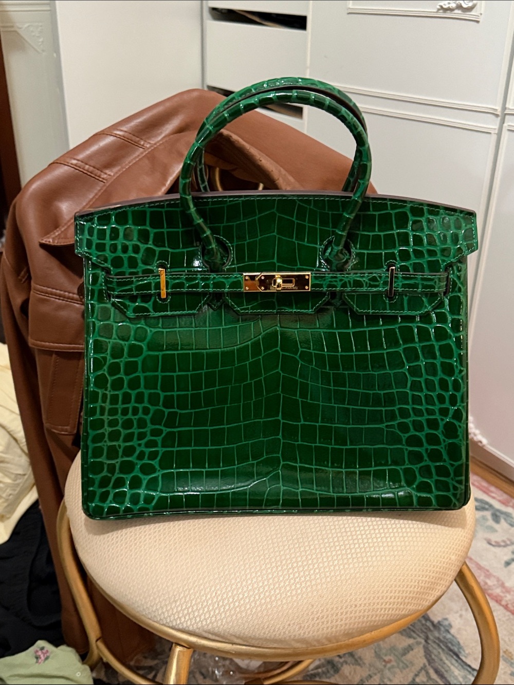 green shiny crocodile bag